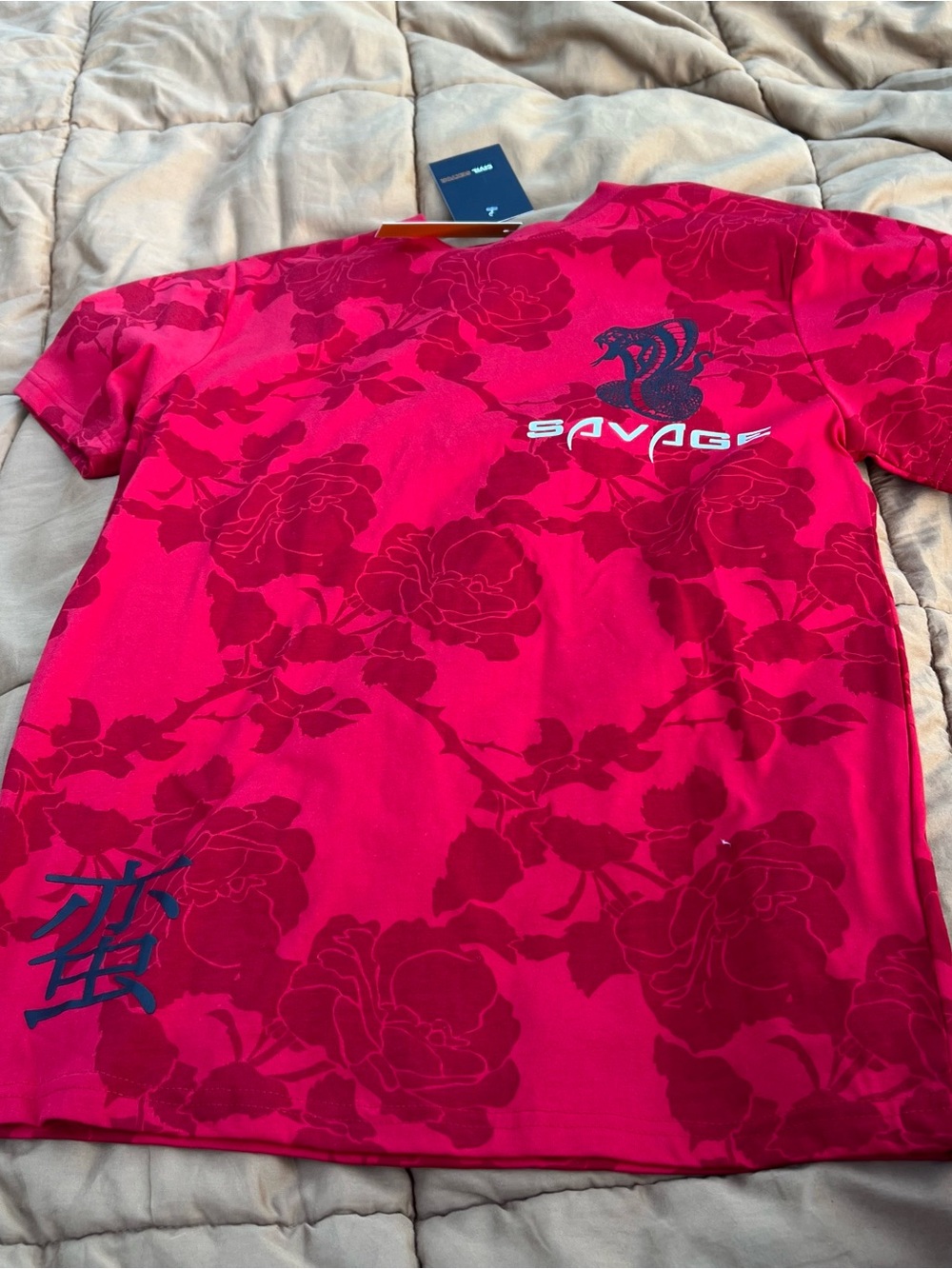 Civil Sektor Red Floral Rose Short Sleeve Tee With Black Snake Graphic Size L